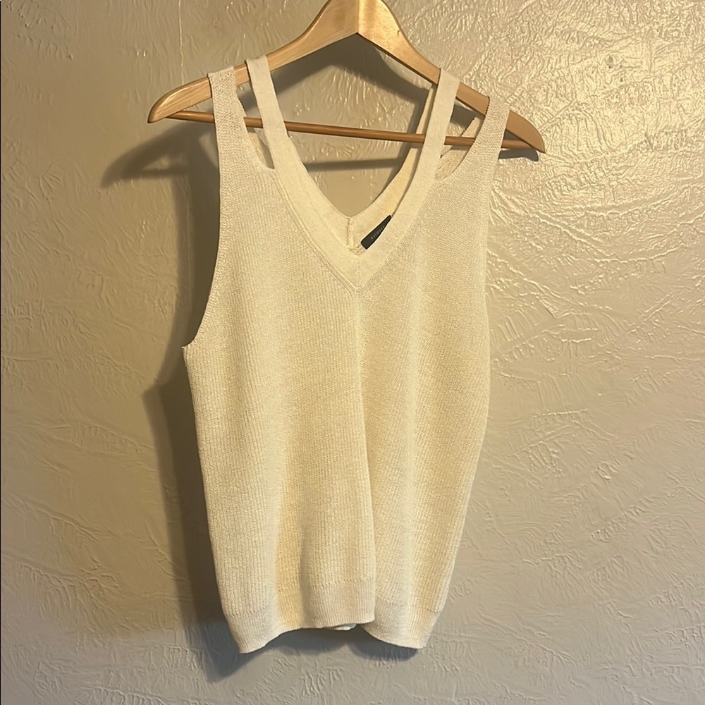 Halogen Linen Blend Elegant Cream Sleeveless V-Neck Knit Top Large